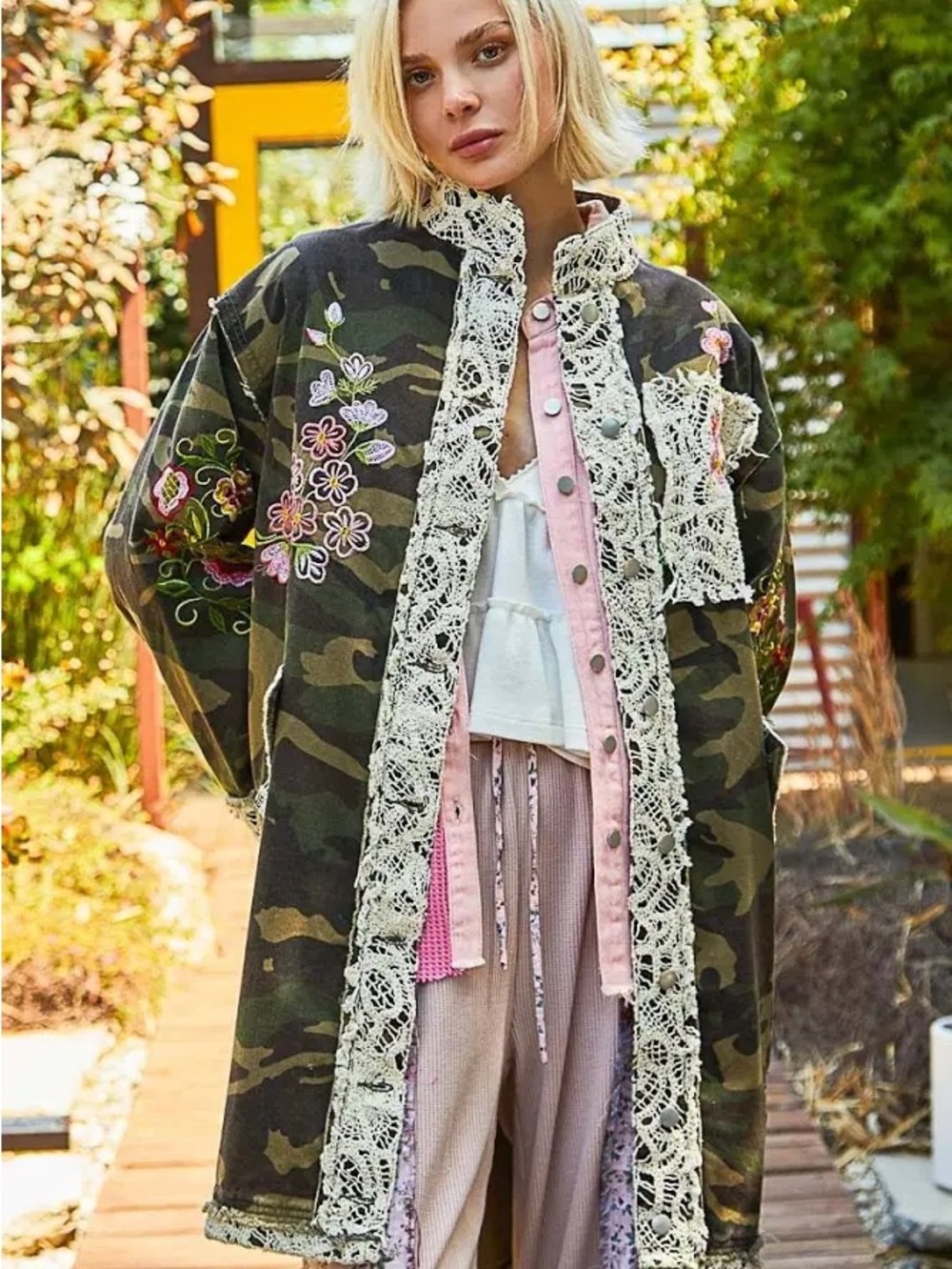 POL Oversized Camo Print Crochet Flower Trench Jacket Large